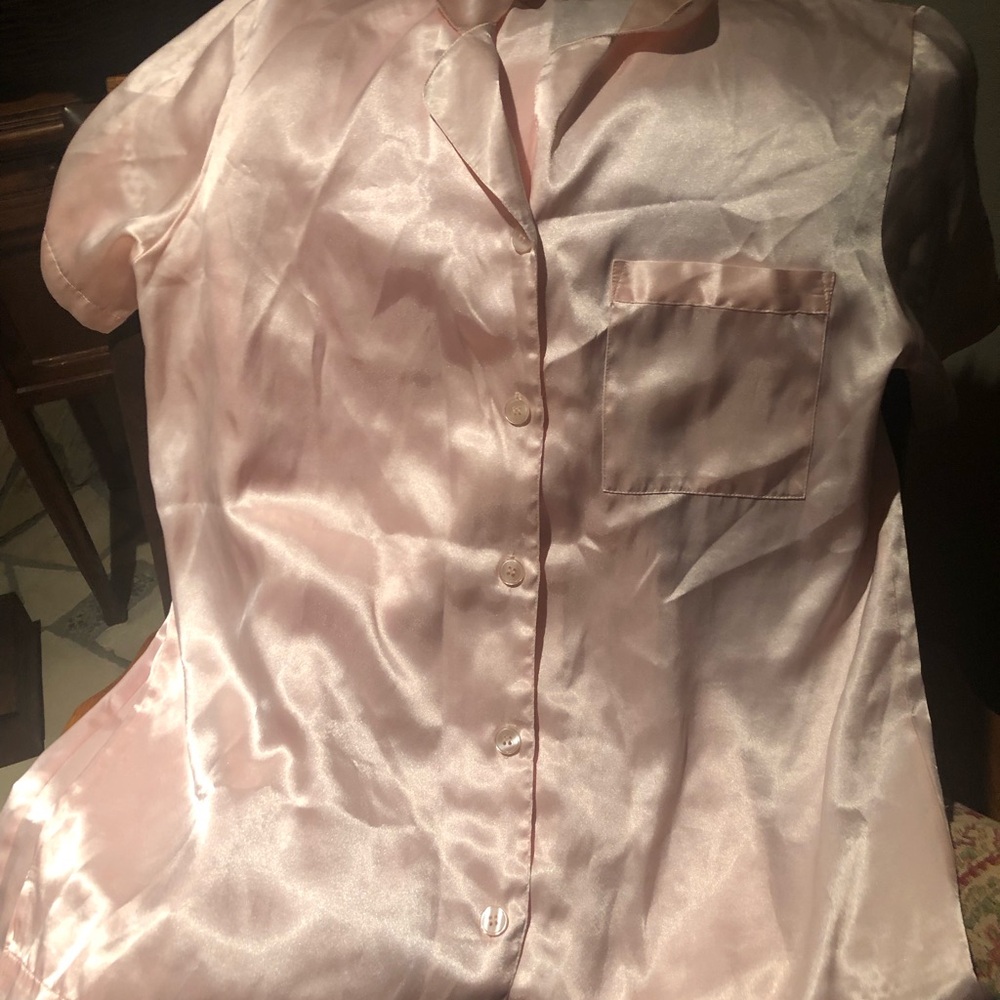 Preview Collection  Vintage  Pink Satin Short Sleeve Pajama Top & Long Bottom